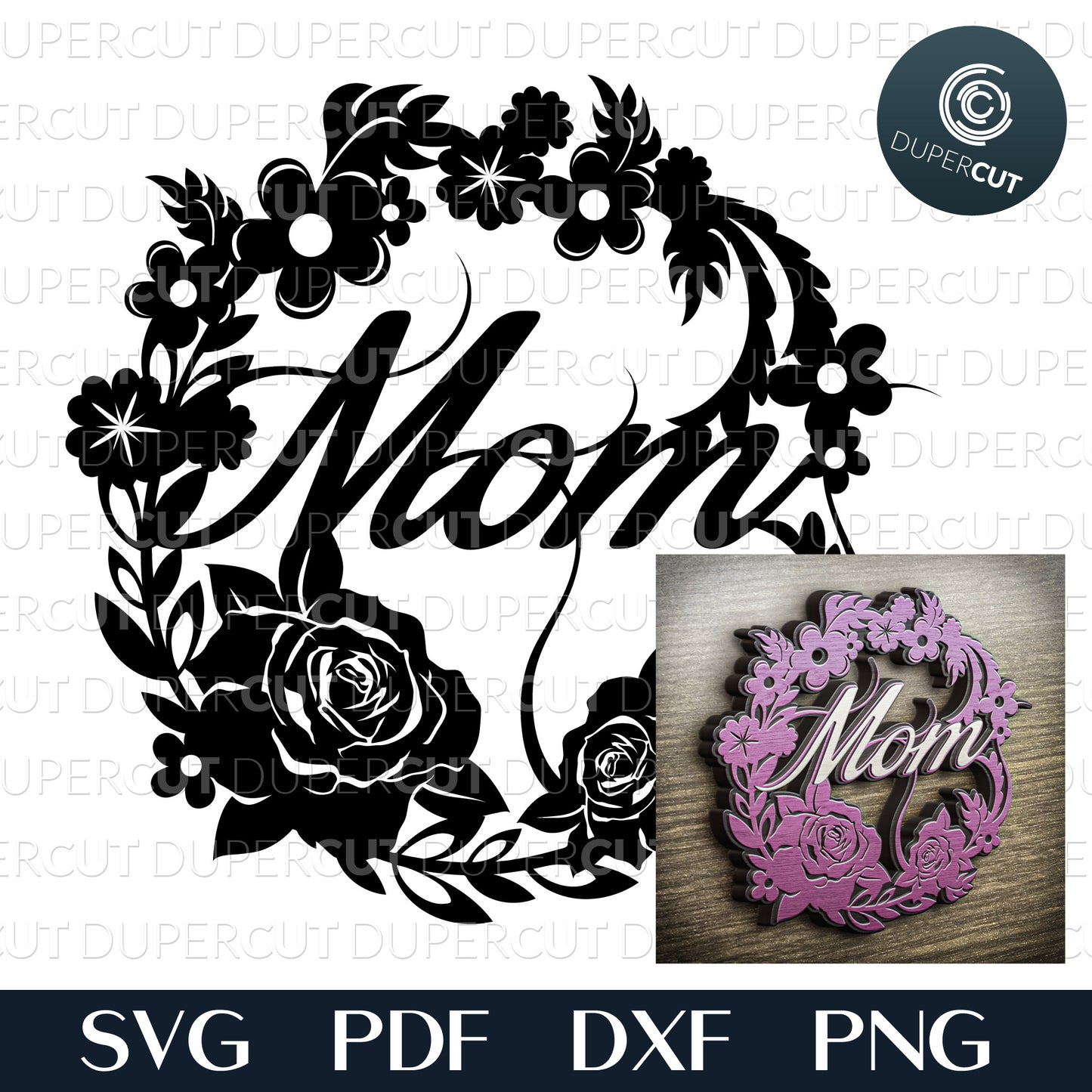 Layered laser files. Mom floral wreath, DIY Mother's Day gift. SVG JPEG DXF files. Template for paper cutting, laser, print on demand. For use with Cricut, Glowforge, Silhouette Cameo, CNC machines. Personal or commercial license.