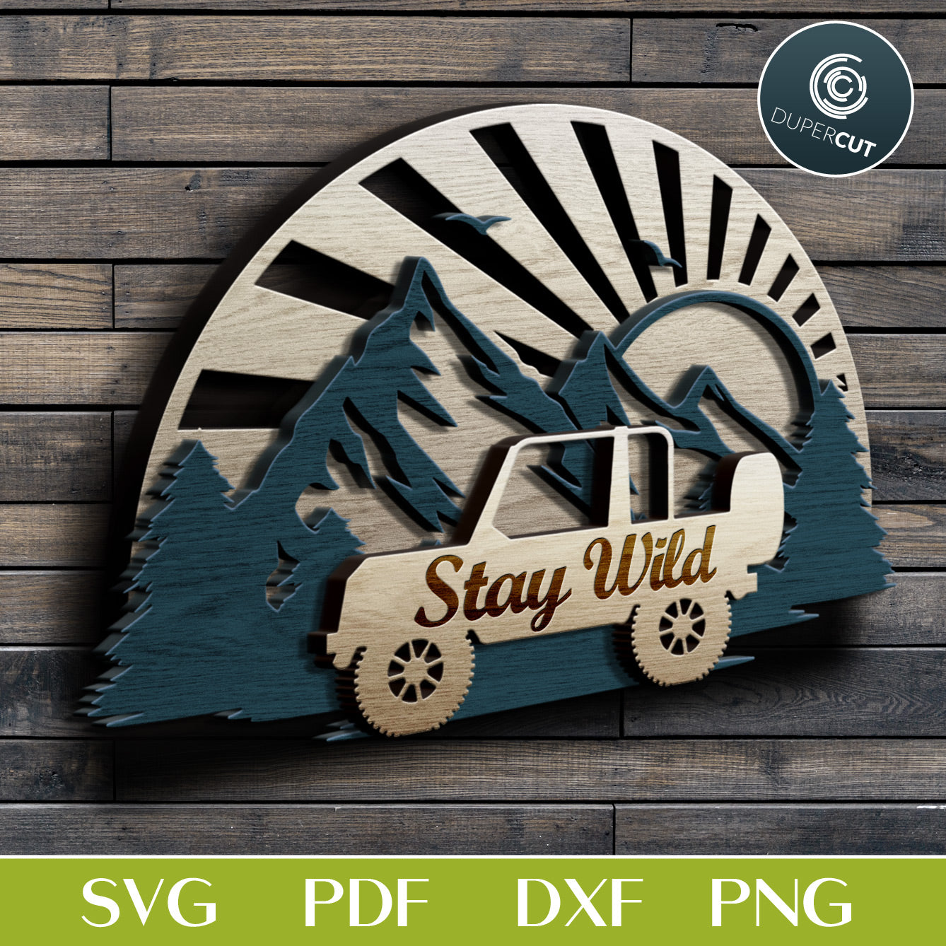 SUV Jeep wilderness adventure sign - SVG PDF DXF dual-layer cutting files for Glowforge, Cricut, Silhouette, CNC plasma machines, woodworking
