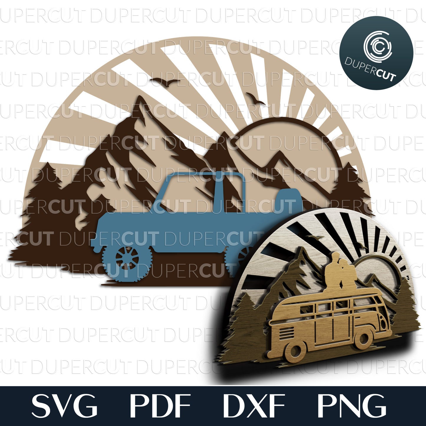 Camper mountain sunset scene - SVG PDF DXF dual-layer cutting files for Glowforge, Cricut, Silhouette, CNC plasma machines, woodworking