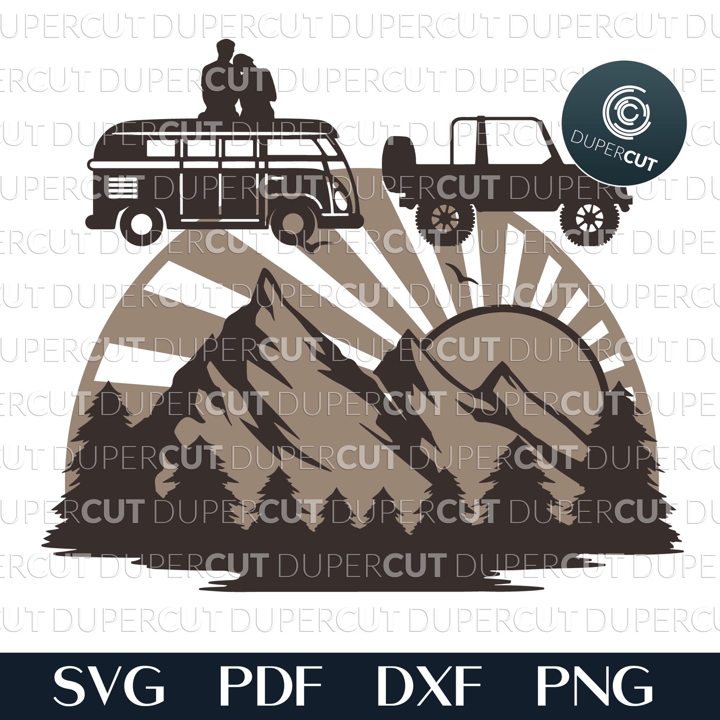 Adventure Mountain wilderness scene - SVG PDF DXF dual-layer cutting files for Glowforge, Cricut, Silhouette, CNC plasma machines, woodworking