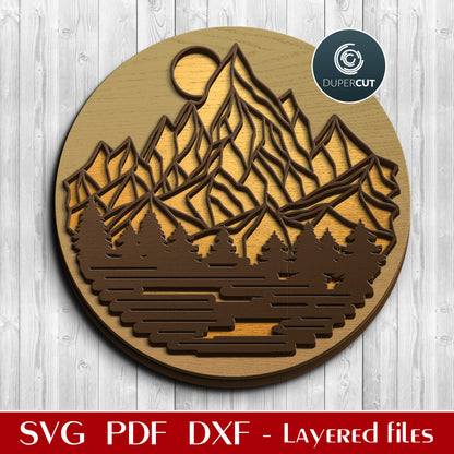 Mountains and sun scene - SVG DXF vector layered cutting files for Glowforge, Cricut, Silhouette Cameo, CNC plasma machnes, scroll saw by www.DuperCut.com