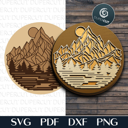 Mountain scene wilderness sign - SVG DXF vector layered cutting files for Glowforge, Cricut, Silhouette Cameo, CNC plasma machnes, scroll saw by www.DuperCut.com