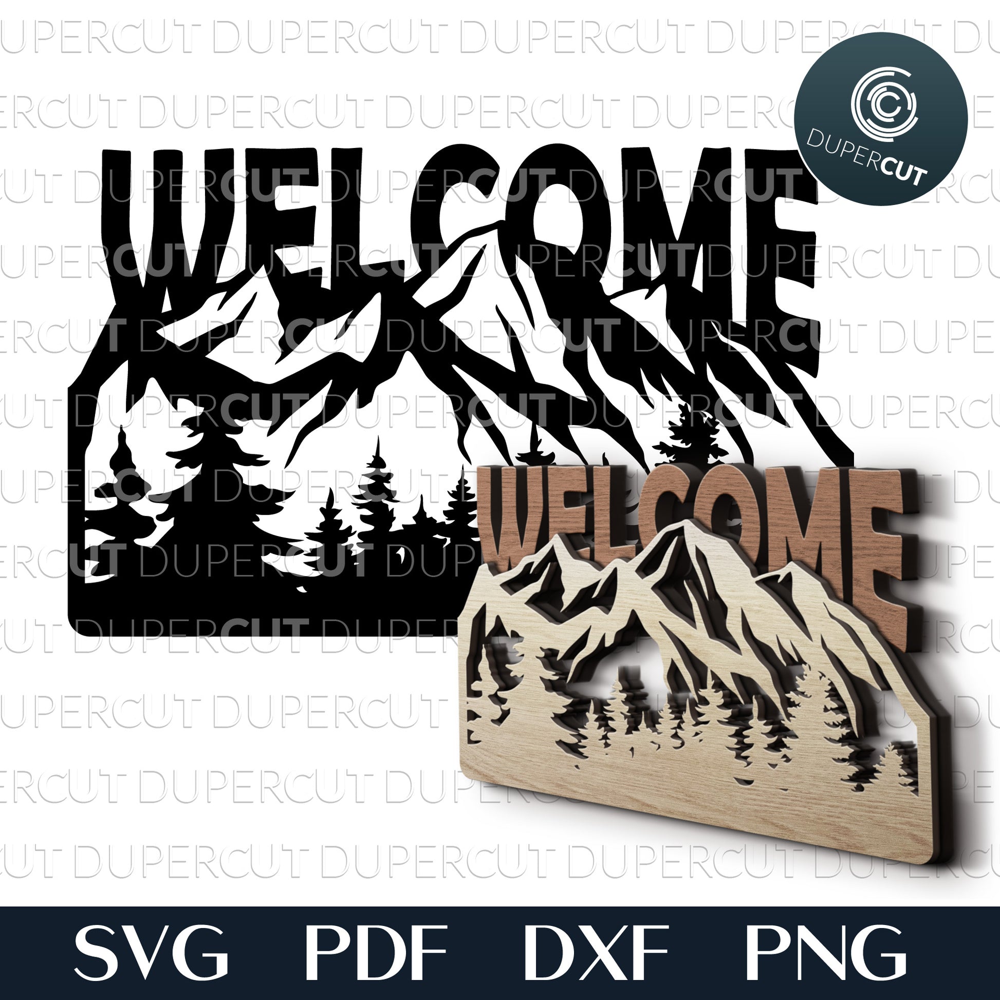 Rectangular mountains welcome sign - layered laser cutting files SVG PDF DXF templates for commercial use. Glowforge, Cricut, Silhouette Cameo, CNC plasma machines