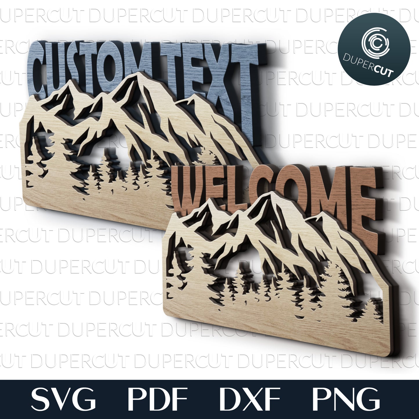 Personalized custom welcome sign - mountains scene - SVG PDF DXF files for laser cutting, engraving, Glowforge, Cricut, Silhouette Cameo, CNC plasma machines
