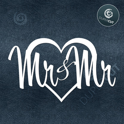 Mr & Mr same sex couple cake topper. SVG JPEG DXF files. Template for paper cutting, laser, print on demand. For use with Cricut, Glowforge, Silhouette Cameo, CNC machines. Personal or commercial license.
