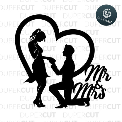 Wedding cake topper Mr & Mrs. SVG JPEG DXF files. Template for paper cutting, laser, print on demand. For use with Cricut, Glowforge, Silhouette Cameo, CNC machines. Personal or commercial license.