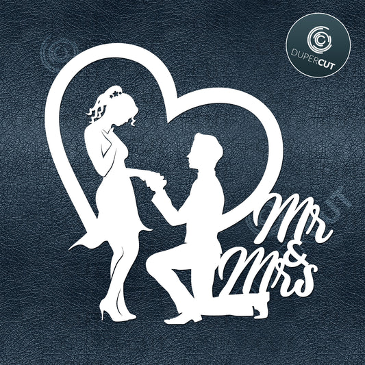 Mr & Mrs Cake topper silhouette. SVG JPEG DXF files. Template for paper cutting, laser, print on demand. For use with Cricut, Glowforge, Silhouette Cameo, CNC machines. Personal or commercial license.