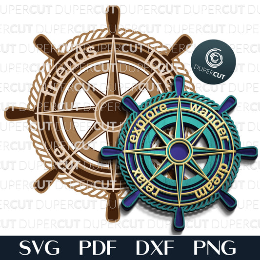 Ship wheel compass sign with inspirational words - SVG PDF DXF layered laser cutting files for Glowforge, Cricut, Silhouette, CNC plasma machines by DuperCut