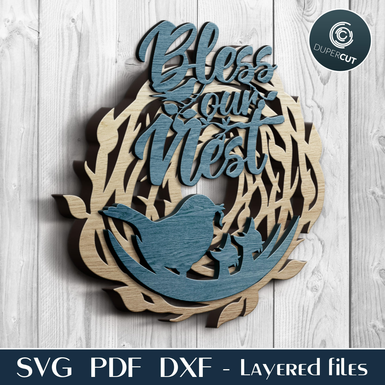 Interchangeable Birds family nest layered template. SVG PDF DXF files for laser cutting, engraving, Cricut, Silhouette Cameo, Glowforge, CNC Plasma machines by DuperCut