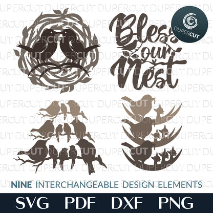 Interchangeable design, Birds family nest layered template. SVG PDF DXF files for laser cutting, engraving, Cricut, Silhouette Cameo, Glowforge, CNC Plasma machines by DuperCut