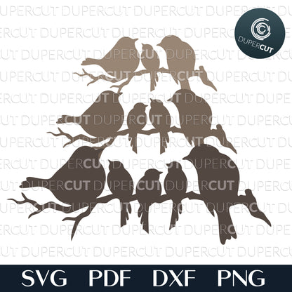 Birds family nest layered template. SVG PDF DXF files for laser cutting, engraving, Cricut, Silhouette Cameo, Glowforge, CNC Plasma machines by DuperCut