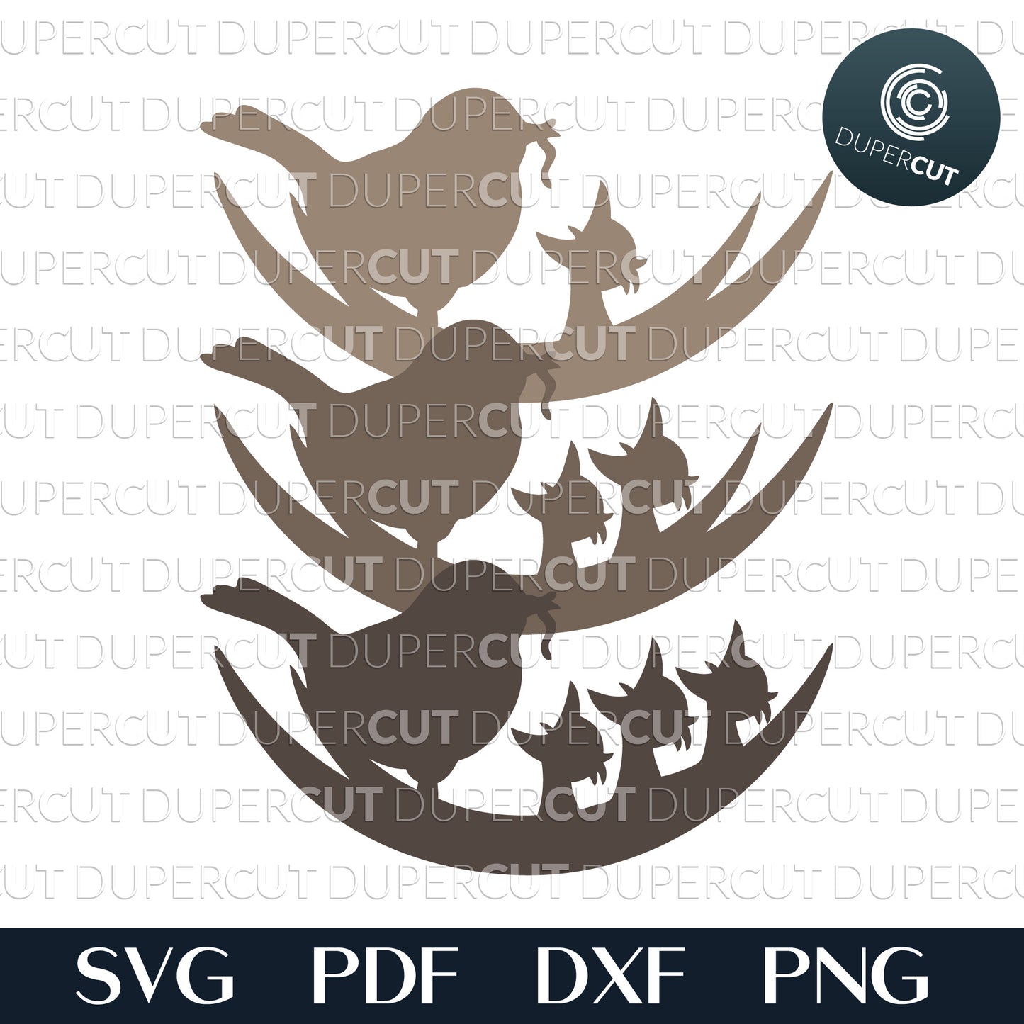 Mom bird feeding baby chicks, layered template. SVG PDF DXF files for laser cutting, engraving, Cricut, Silhouette Cameo, Glowforge, CNC Plasma machines by DuperCut