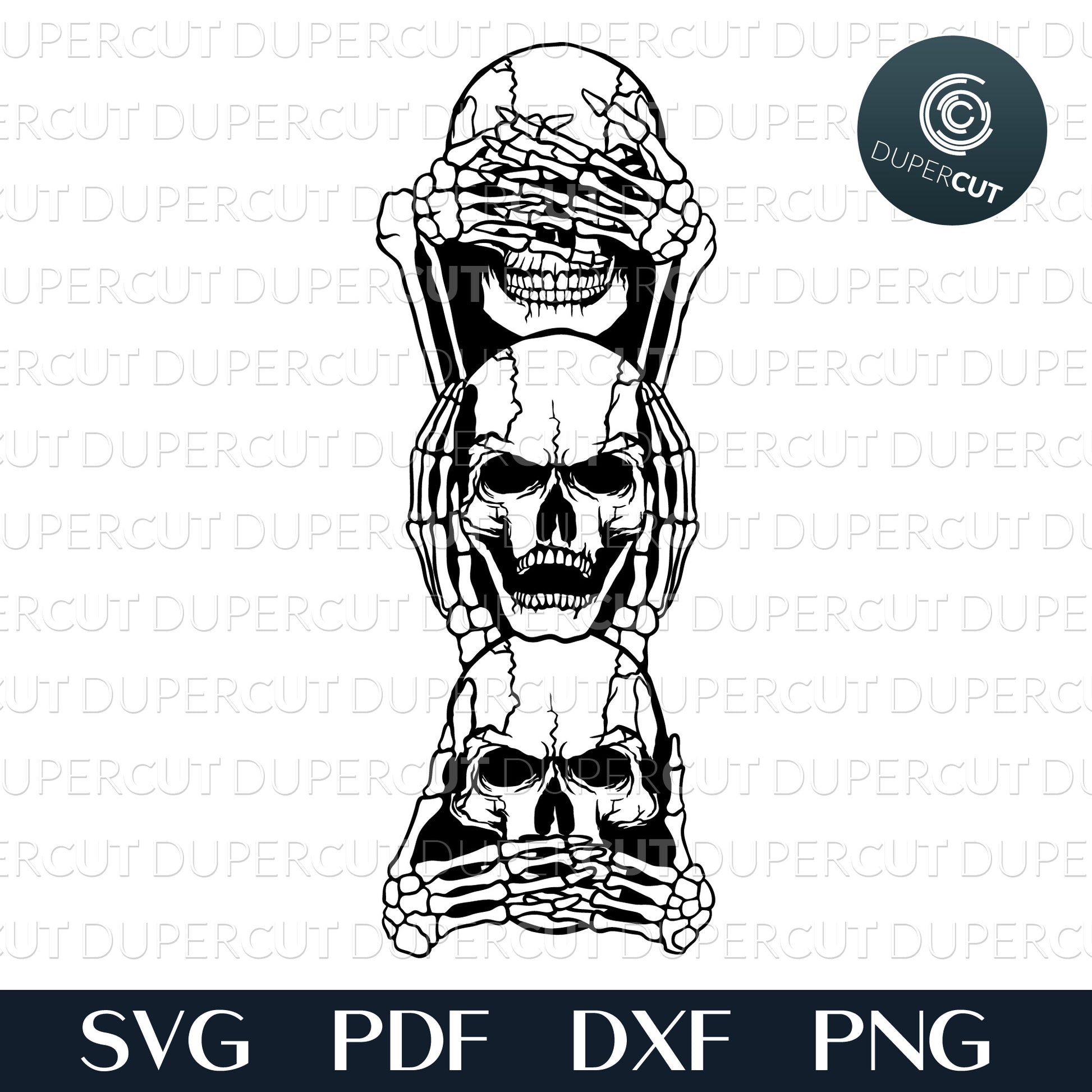 Steampunk Skulls See no evil, hear no evil, speak no evil. SVG JPEG DXF files. Template for paper cutting, laser, print on demand. For use with Cricut, Glowforge, Silhouette Cameo, CNC machines. Personal or commercial license.