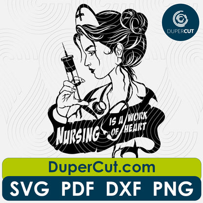 Nurse with syringe art. Nursing is a work of heart. SVG JPEG DXF files. Template for paper cutting, laser, print on demand. For use with Cricut, Glowforge, Silhouette Cameo, CNC machines. Personal or commercial license.