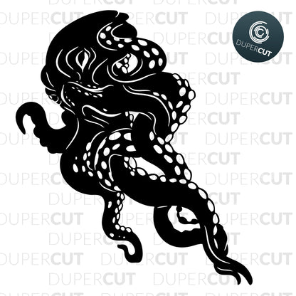 Black octopus silhouette, gothic art. SVG JPEG DXF files. Template for paper cutting, laser, print on demand. For use with Cricut, Glowforge, Silhouette Cameo, CNC machines. Personal or commercial license.