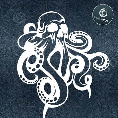 Octopus with skull head silhouette. SVG JPEG DXF files. Template for paper cutting, laser, print on demand. For use with Cricut, Glowforge, Silhouette Cameo, CNC machines. Personal or commercial license.