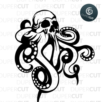 Black octopus with skull head. SVG JPEG DXF files. Template for paper cutting, laser, print on demand. For use with Cricut, Glowforge, Silhouette Cameo, CNC machines. Personal or commercial license.
