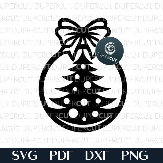 Christmas tree with bow ornament - layered cutting template - SVG DXF PDF vector files for laser engraving and cutting, Glowforge, Cricut, Silhouette Cameo
