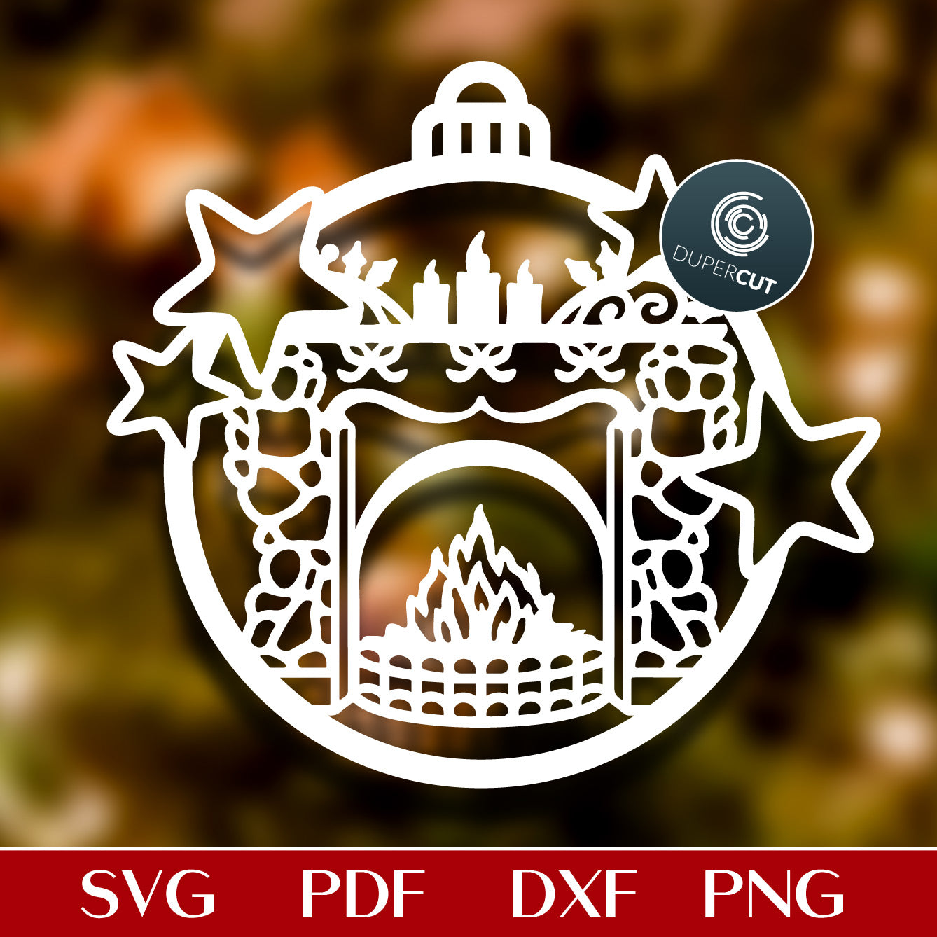 Christmas fireplace ornament - paper cutting template - SVG DXF PDF vector files for laser engraving and cutting, Glowforge, Cricut, Silhouette Cameo