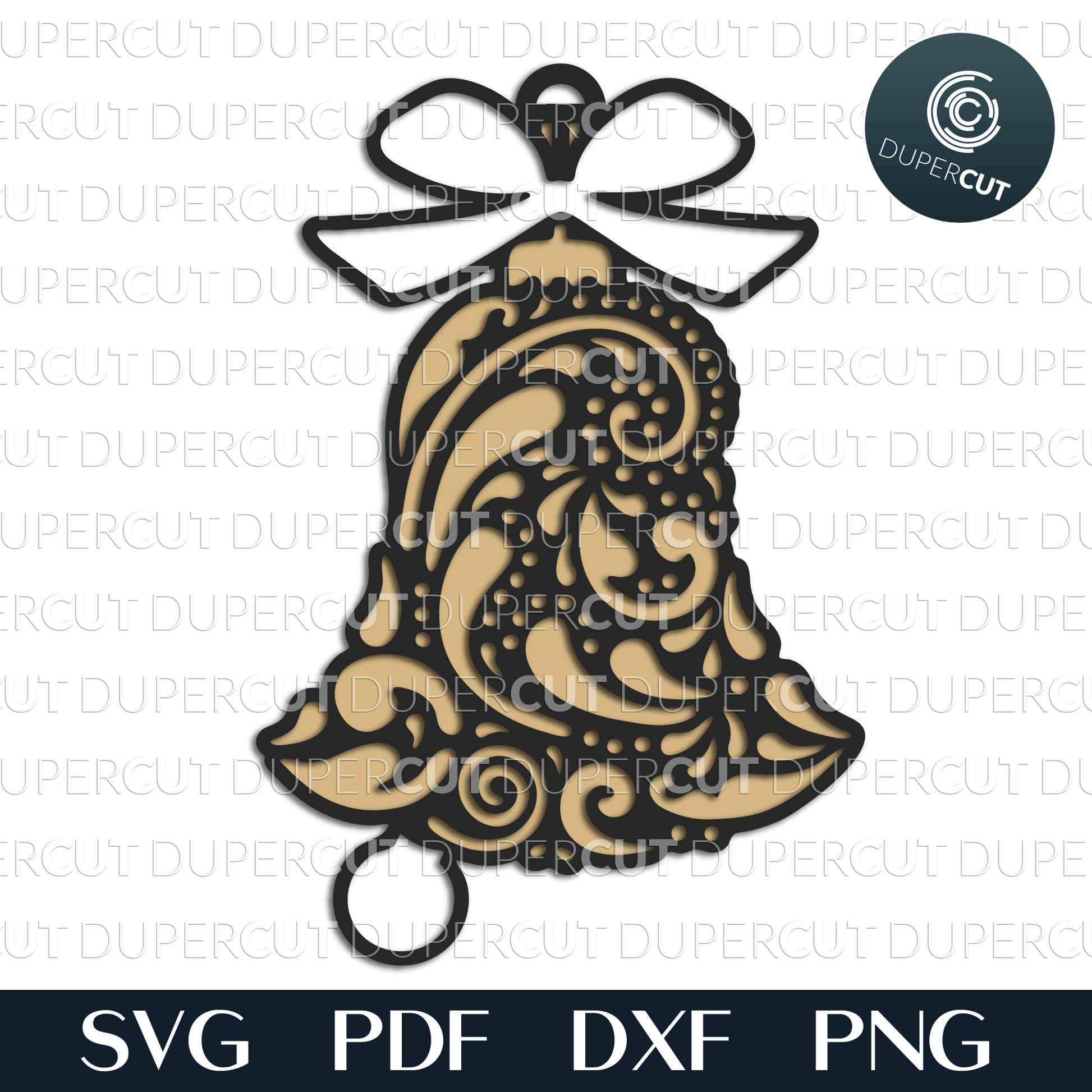 Folk art bell Christmas ornament - layered cutting template - SVG DXF PDF vector files for laser engraving and cutting, Glowforge, Cricut, Silhouette Cameo
