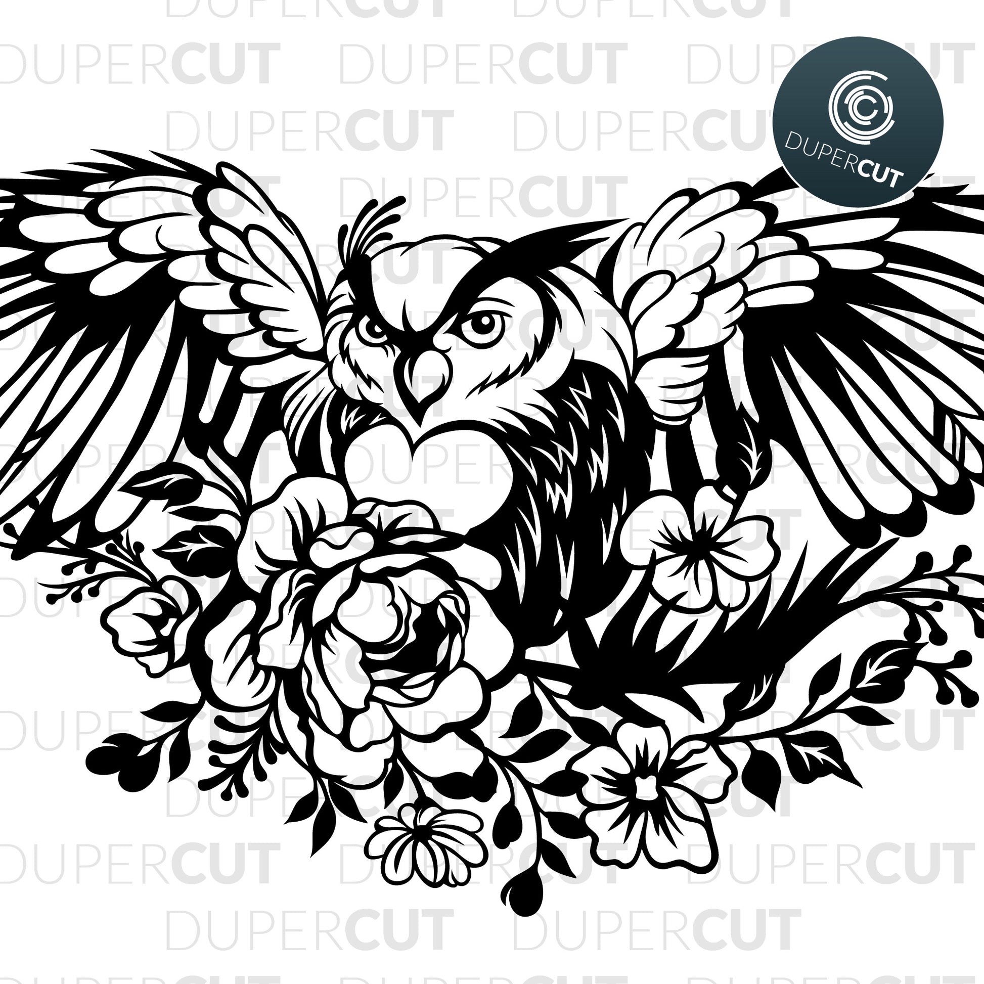 Owl with roses, tattoo style art - SVG DXF JPEG files for CNC machines, laser cutting, Cricut, Silhouette Cameo, Glowforge engraving