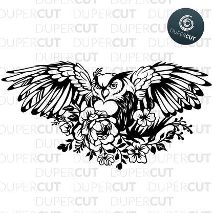 Owl with flowers, black line art illustration - SVG DXF JPEG files for CNC machines, laser cutting, Cricut, Silhouette Cameo, Glowforge engraving