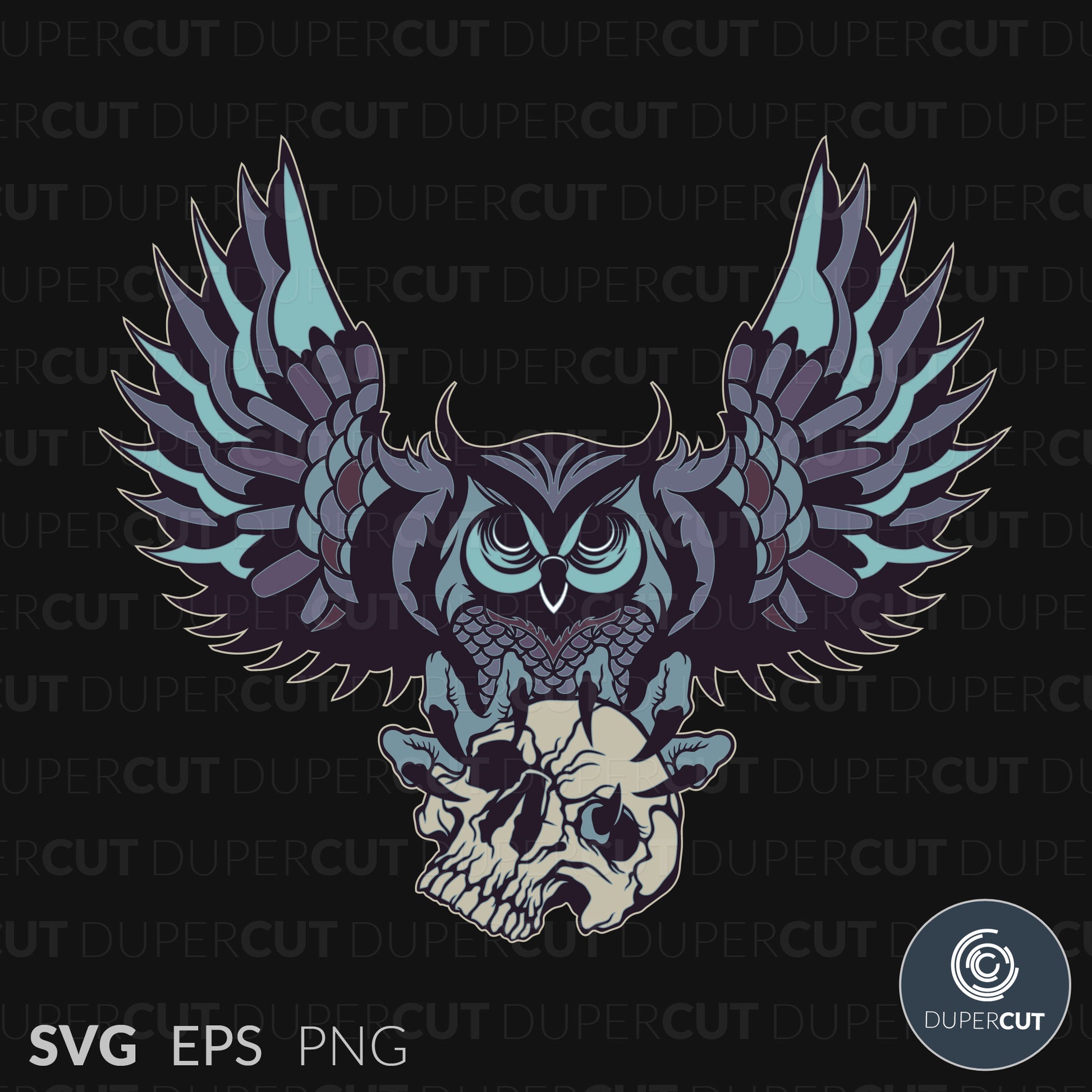 Owl with skull - EPS, SVG, PNG files. Vector Colour illustration for print on demand, sublimation, custom t-shirts, hoodies, tumblers.
