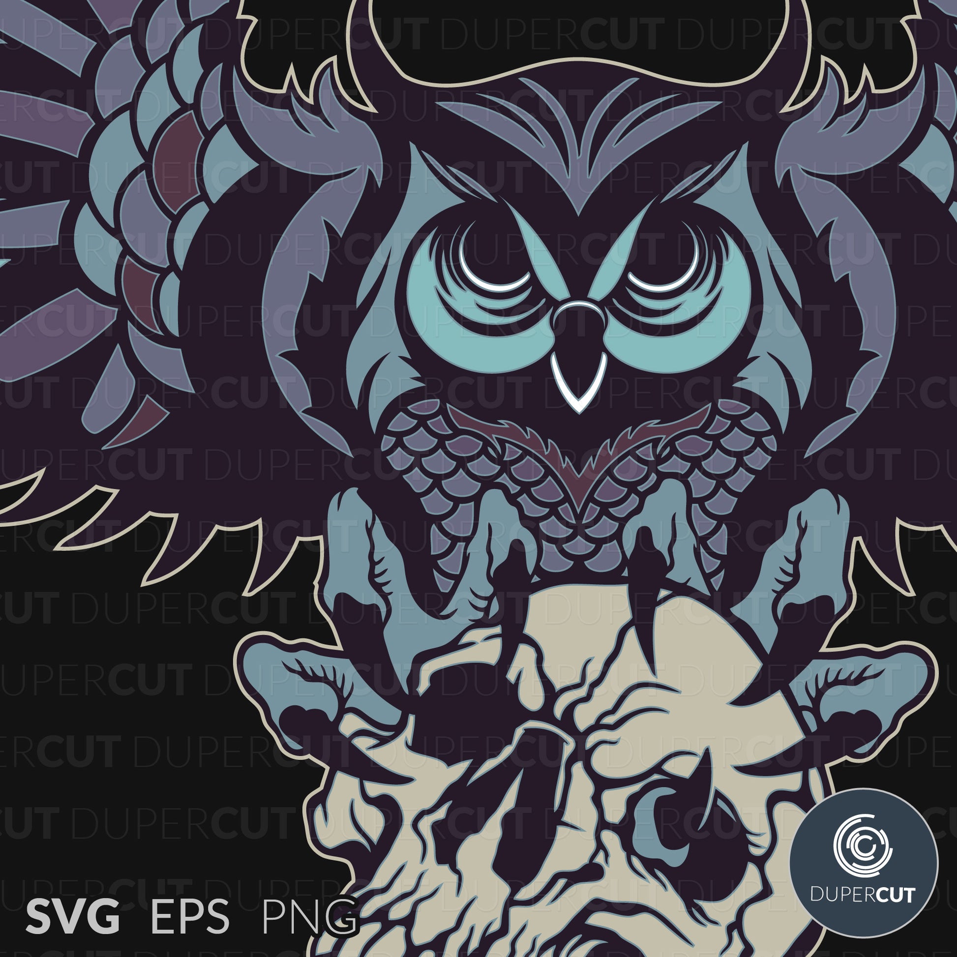 Abstract owl with skull - EPS, SVG, PNG files. Vector Colour illustration for print on demand, sublimation, custom t-shirts, hoodies, tumblers.