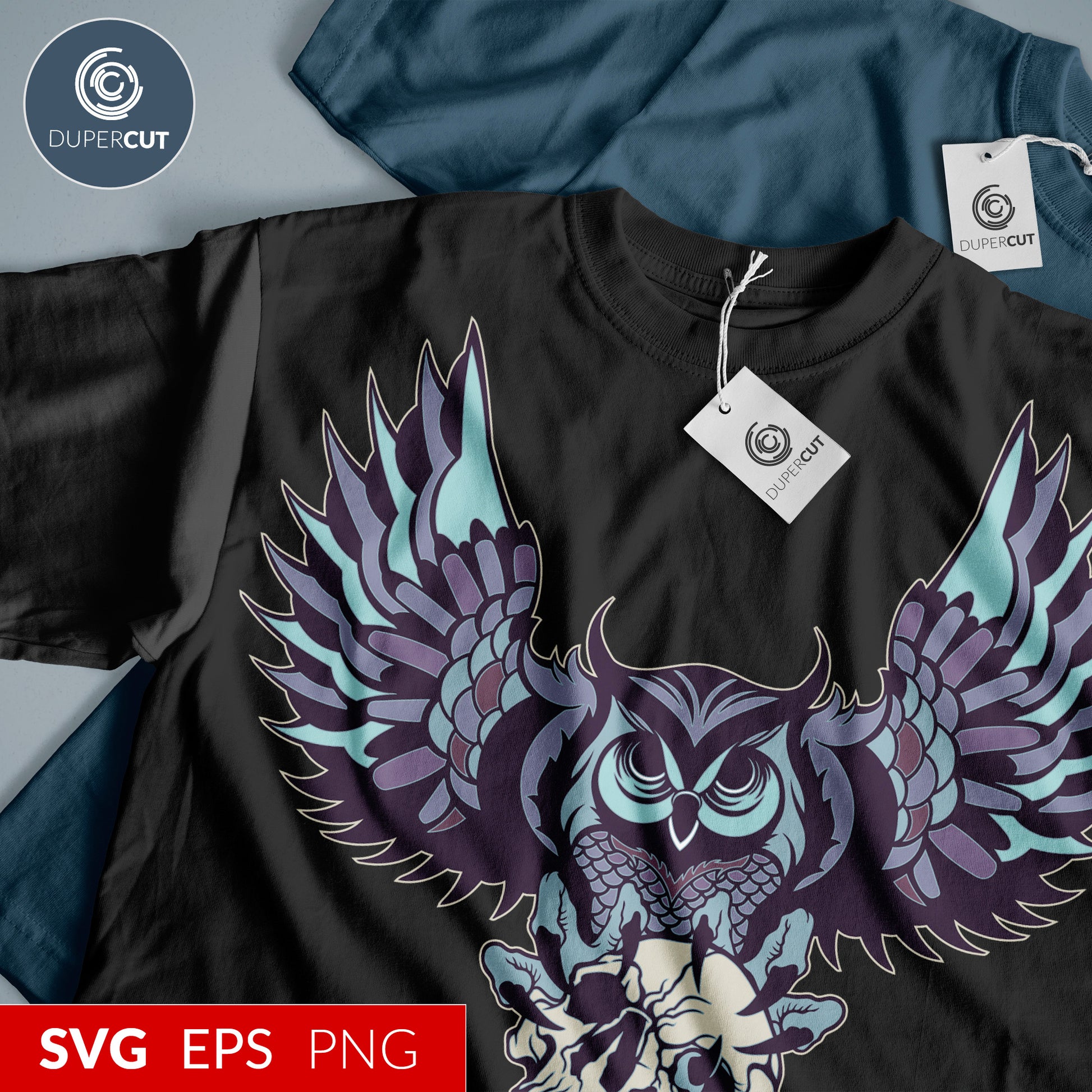 Flying owl - Custom apparel design, Amazon merch template - EPS, SVG, PNG files. Vector Colour illustration for print on demand, sublimation, custom t-shirts, hoodies, tumblers.