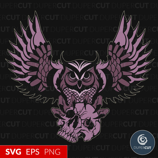 Owl with skull - EPS, SVG, PNG files. Vector Colour illustration for print on demand, sublimation, custom t-shirts, hoodies, tumblers.