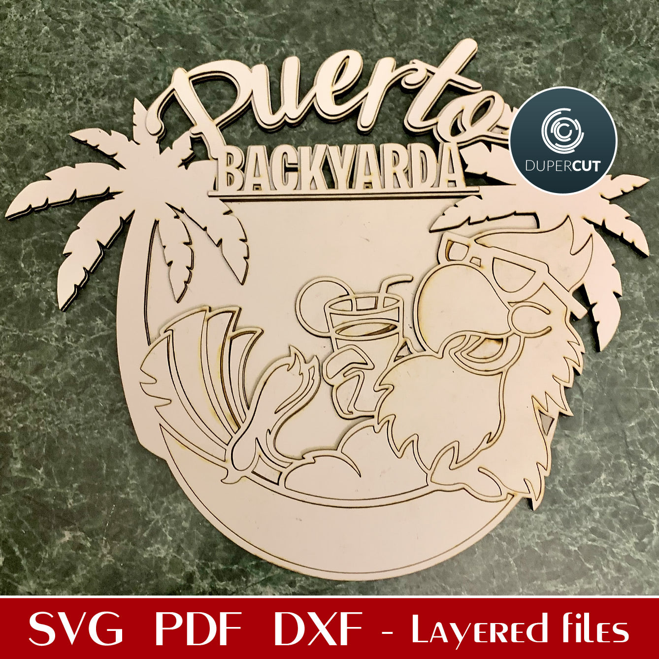 Funny beach welcome sign - parrot in hammock with a drink - SVG DXF vector layered laser cutting files for Glowforge, Cricut, Silhouette, CNC plasma machines by www.DuperCut.com