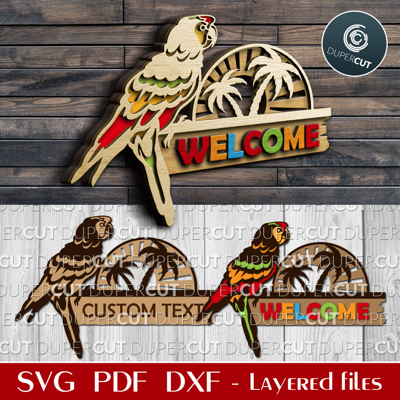 Tropical welcome sign with parrot and palm trees - SVG PDF DXF layered cutting files for Glowforge, Cricut, Silhouette Cameo, laser machines