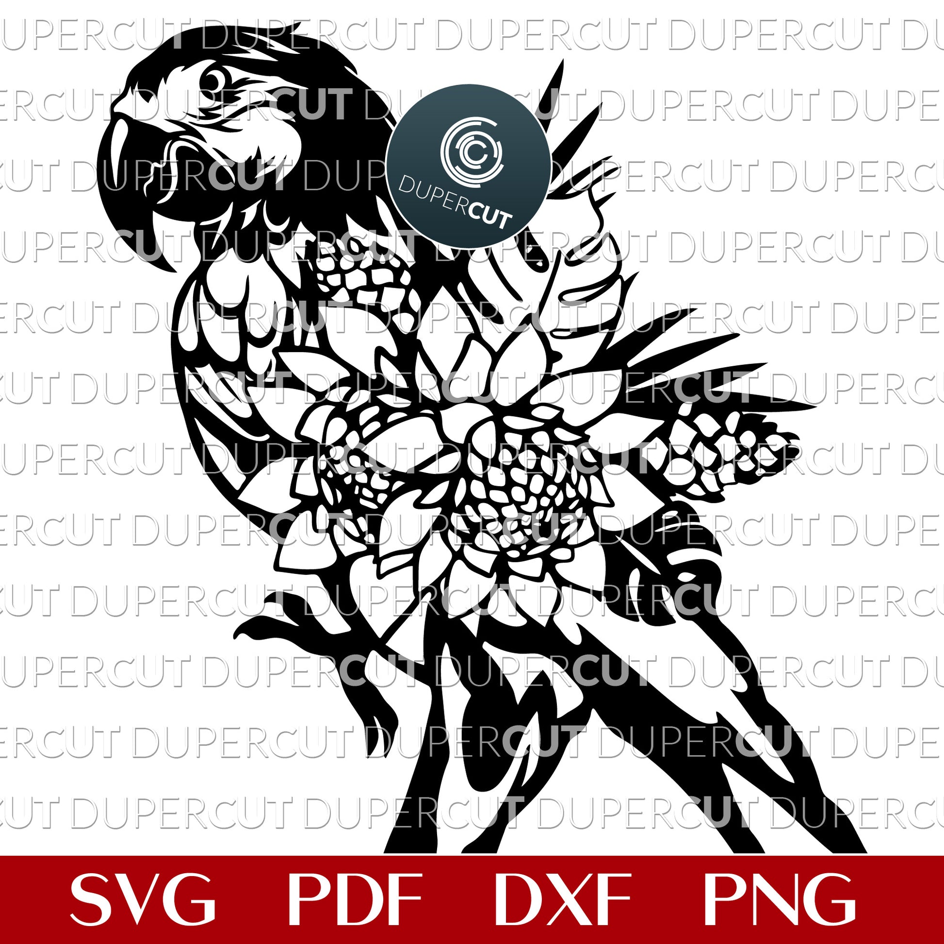 Parrot with tropical flowers - paper cutting template SVG PNG DXF vector files for sublimation, laser engraving and cutting with Glowforge, Cricut, Silhouette Cameo