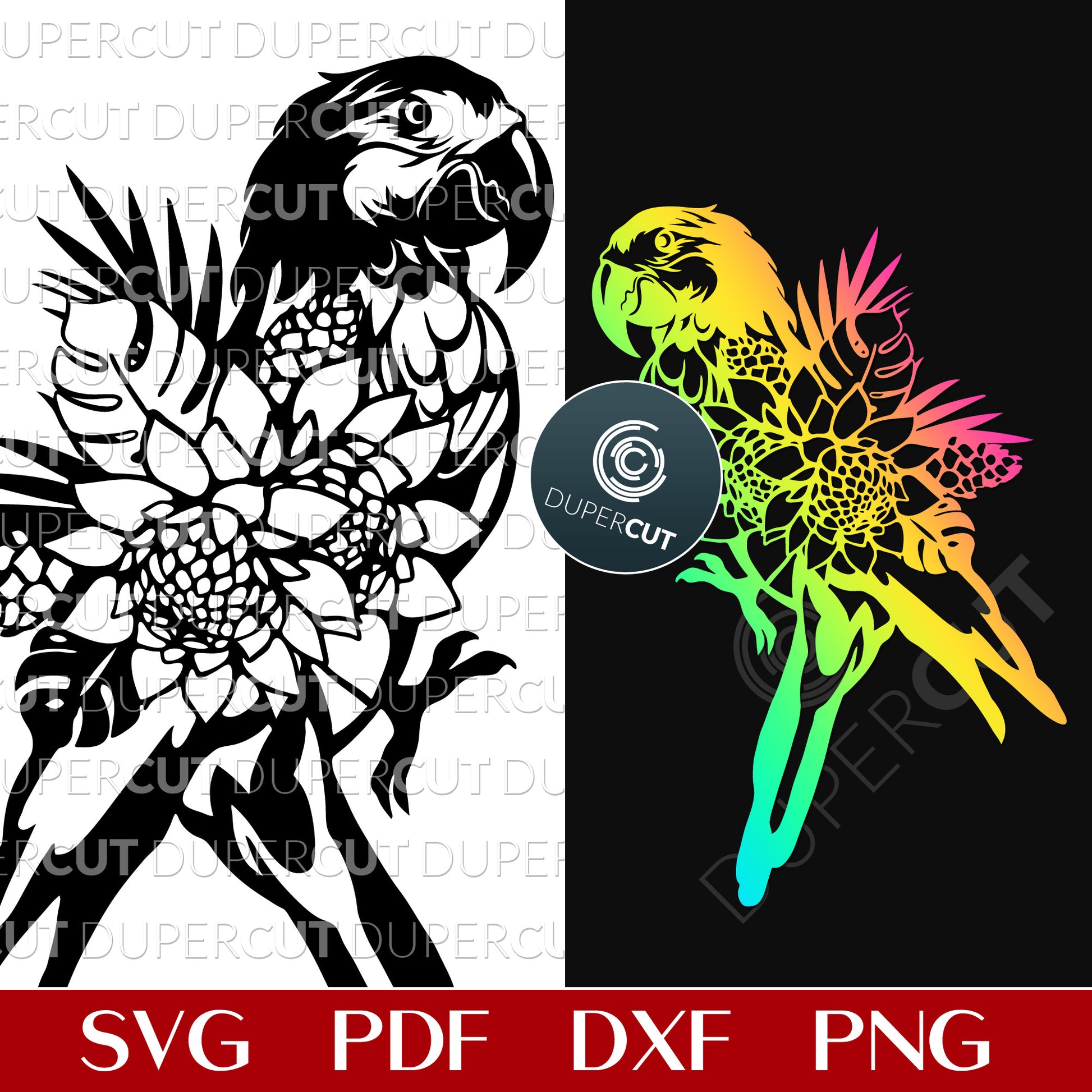 Tropical Parrot - paper cutting template SVG PNG DXF vector files for sublimation, laser engraving and cutting with Glowforge, Cricut, Silhouette Cameo