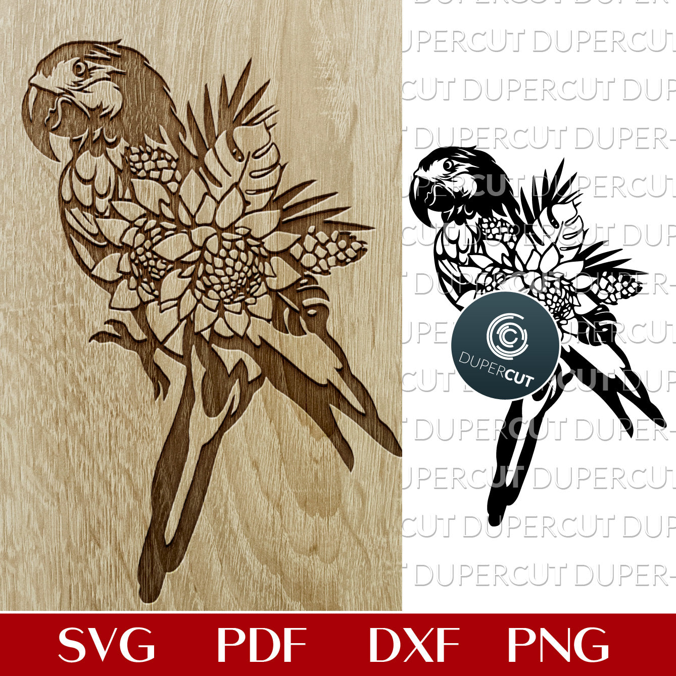 Tropical floral bouquet Parrot - paper cutting template SVG PNG DXF vector files for sublimation, laser engraving and cutting with Glowforge, Cricut, Silhouette Cameo