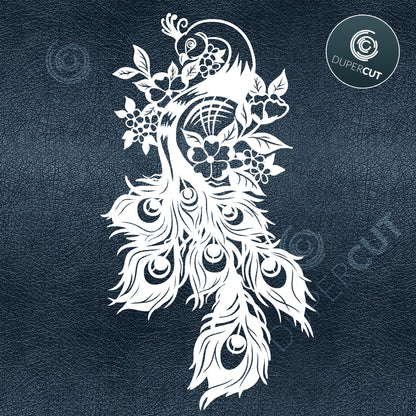 Peacock with flowers, paper cutting, vinyl template   - SVG DXF JPEG files for CNC machines, laser cutting, Cricut, Silhouette Cameo, Glowforge engraving