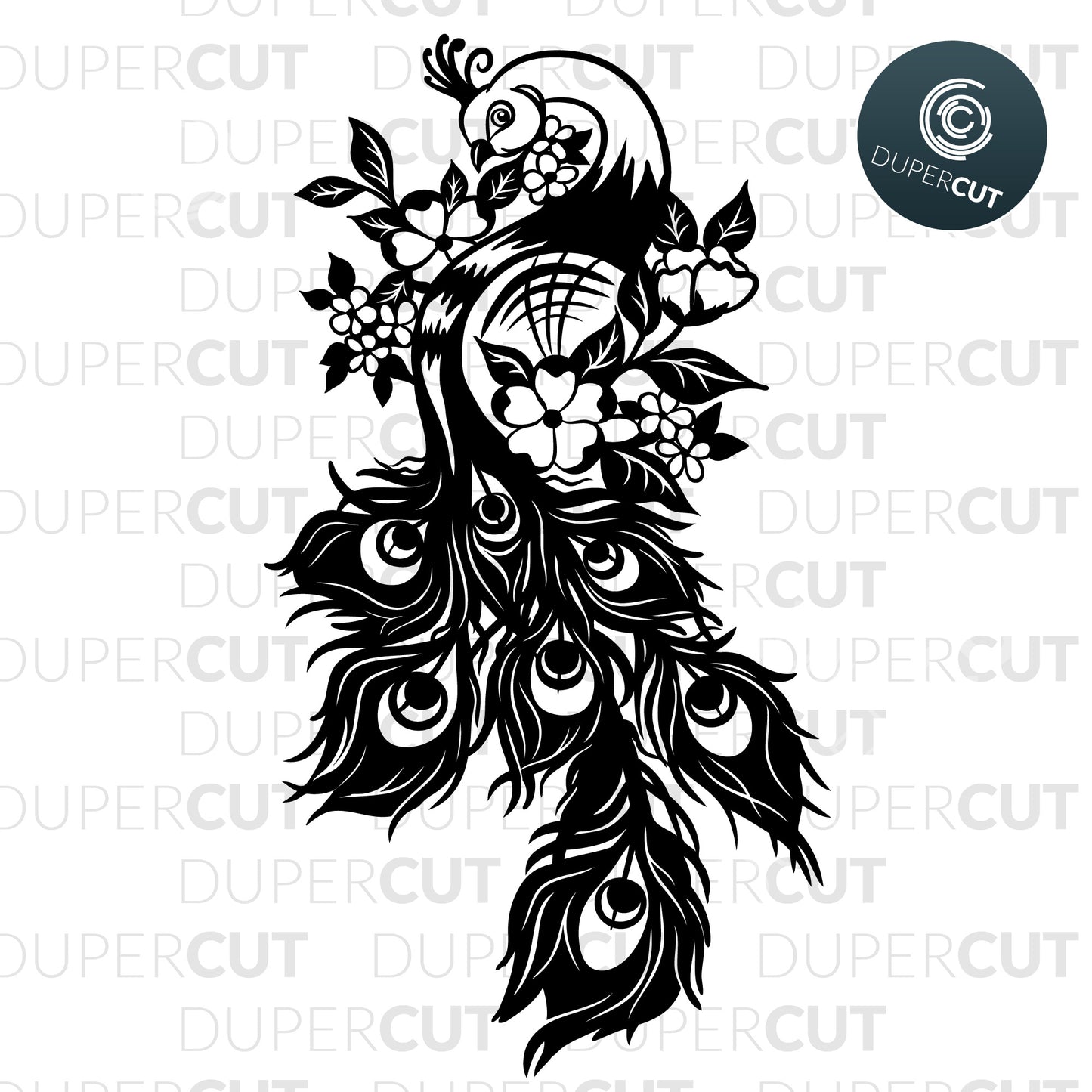 Peacock tattoo style design, custom original template for commercial use  - SVG DXF JPEG files for CNC machines, laser cutting, Cricut, Silhouette Cameo, Glowforge engraving