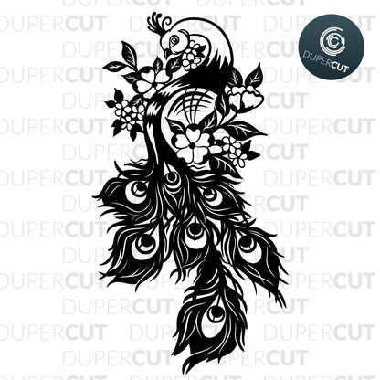 Peacock tattoo style design, custom original template for commercial use  - SVG DXF JPEG files for CNC machines, laser cutting, Cricut, Silhouette Cameo, Glowforge engraving