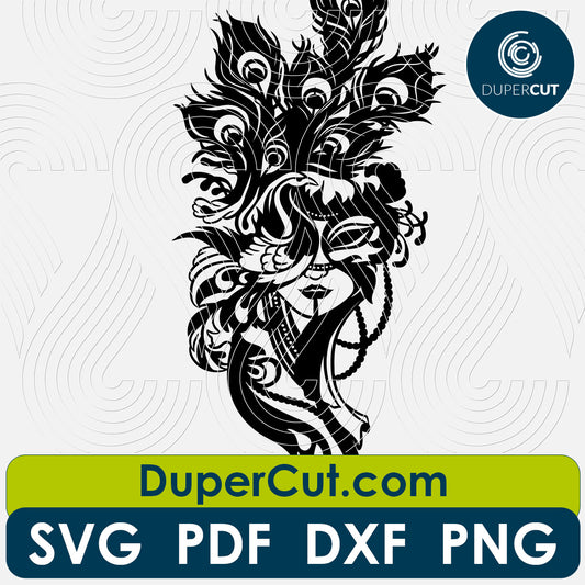 Girl in peacock mask Mardi Gras - SVG DXF vector files for cutting and engraving by DuperCut.com