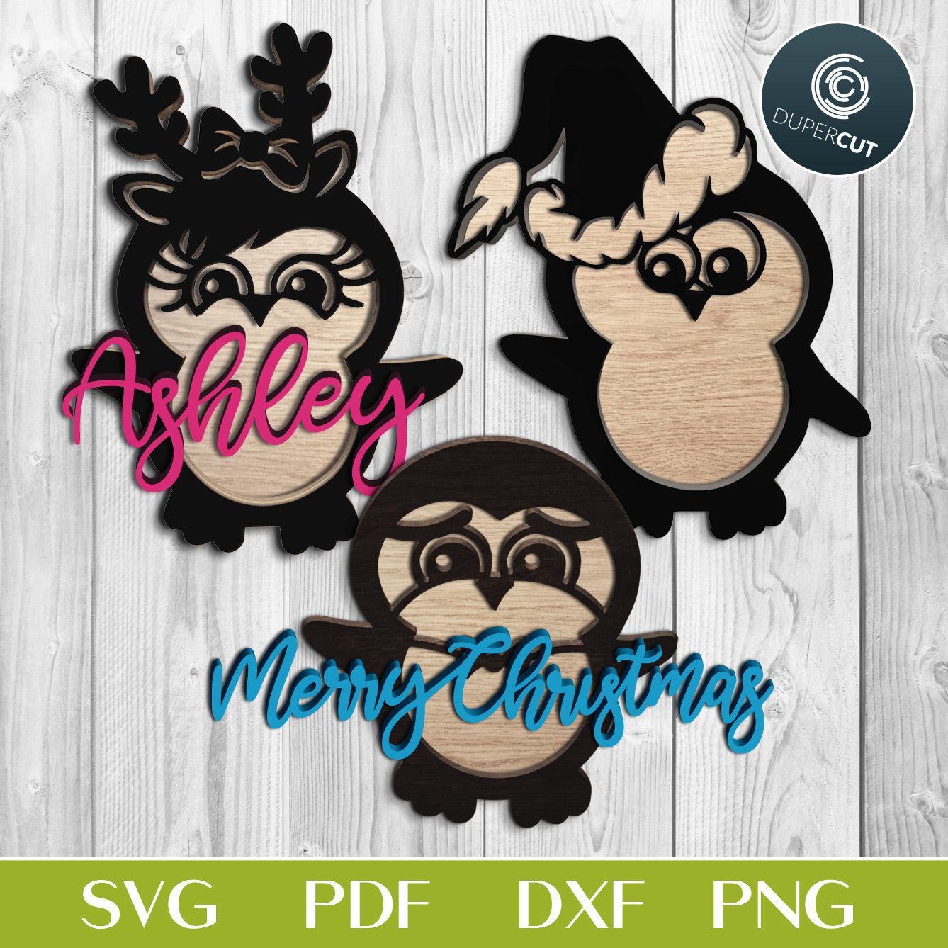 Penguins - add Custom name kids Christmas ornaments - SVG PDF DXF layered cutting files for laser and digital machines, Glowforge, Cricut, Silhouette, CNC plasma