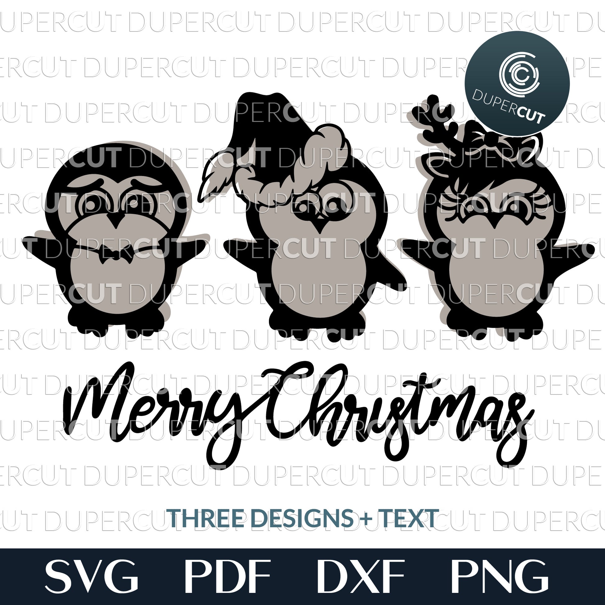 Holiday penguins ornaments - SVG PDF DXF dual layer cutting files for laser and digital machines, Glowforge, Cricut, Silhouette, CNC plasma