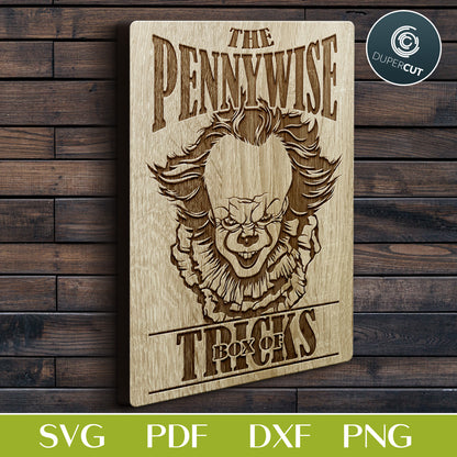 The Pennywise Box of Tricks illustration, line art black and white design. SVG PDF DXF vector cutting files for laser, Glowforge, Cricut