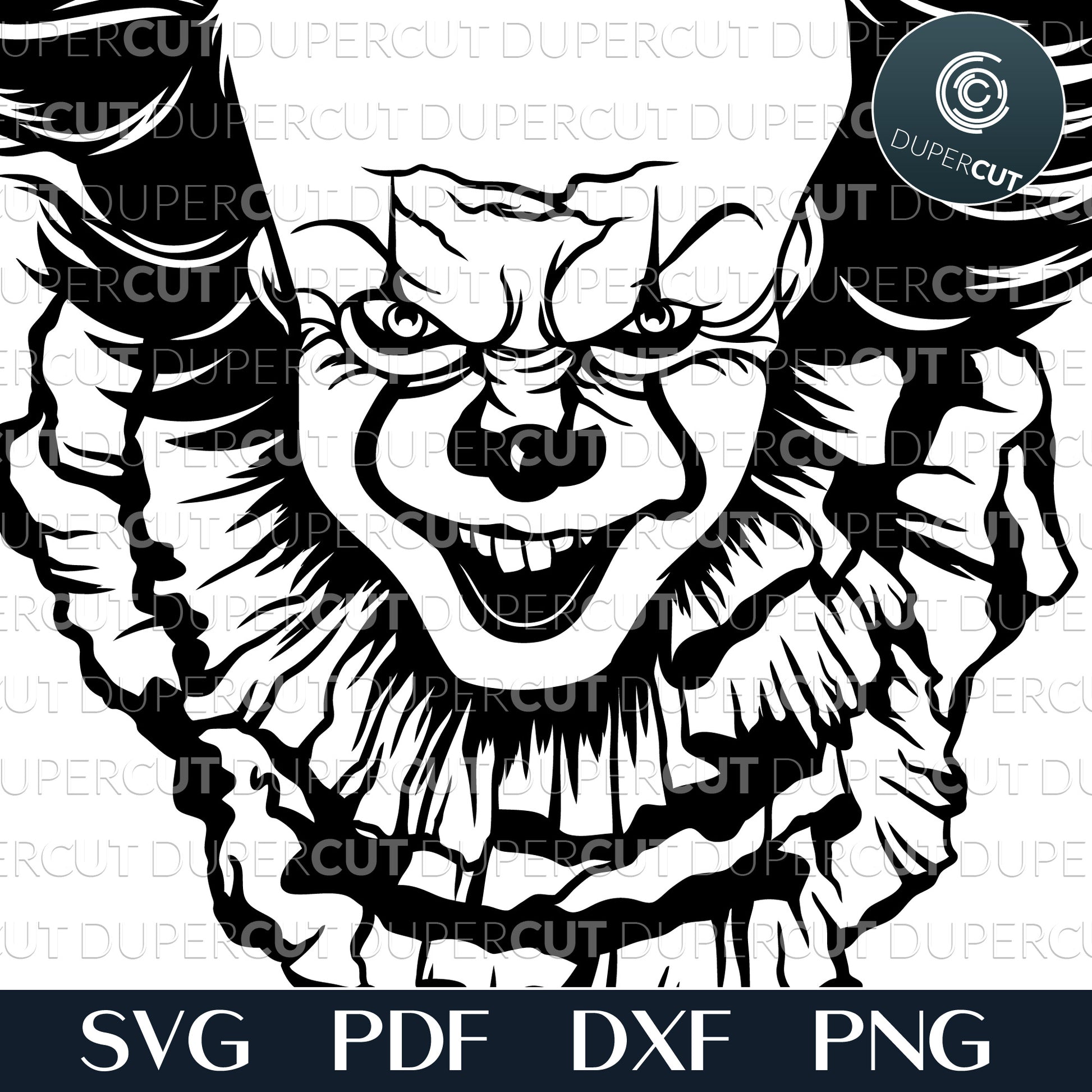Halloween decor - Pennywise illustration, line art black and white design. SVG PDF DXF vector cutting files for laser, Glowforge, Cricut
