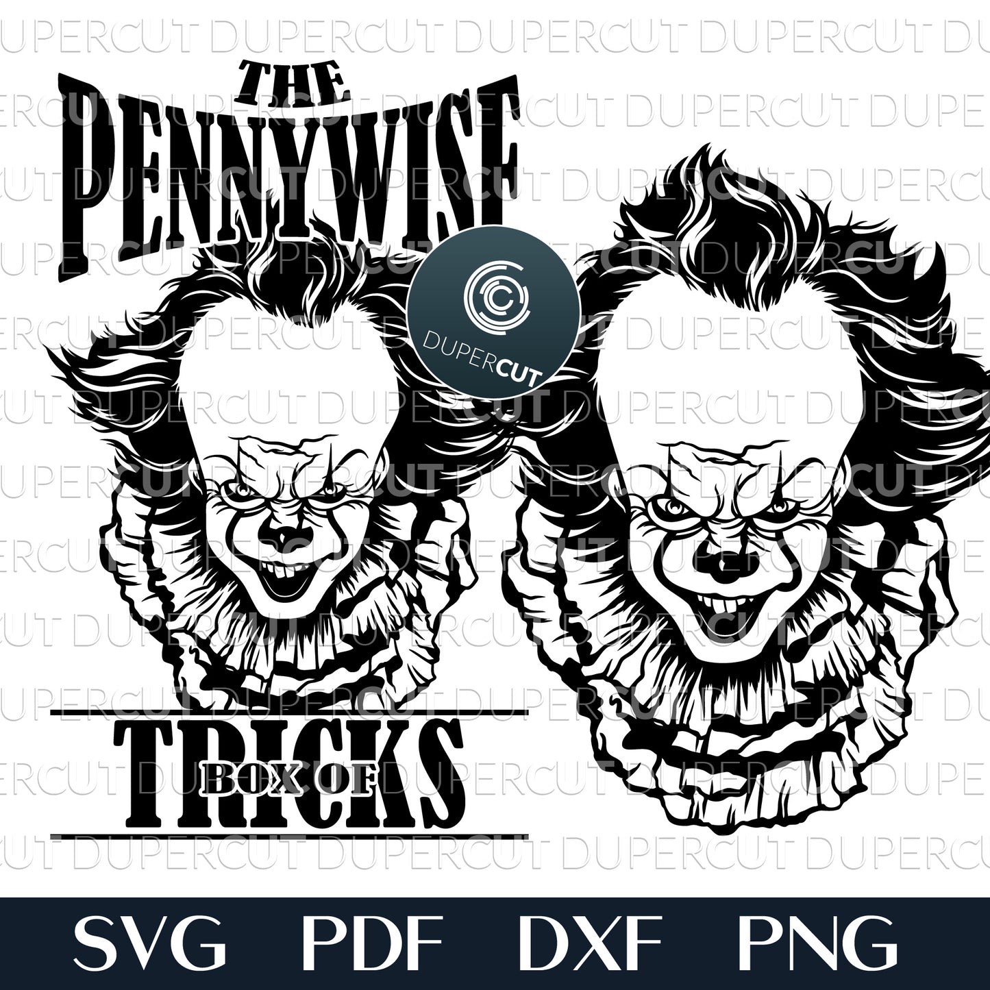 The Pennywise Box of Tricks illustration, line art black and white design. SVG PDF DXF vector cutting files for laser, Glowforge, Cricut