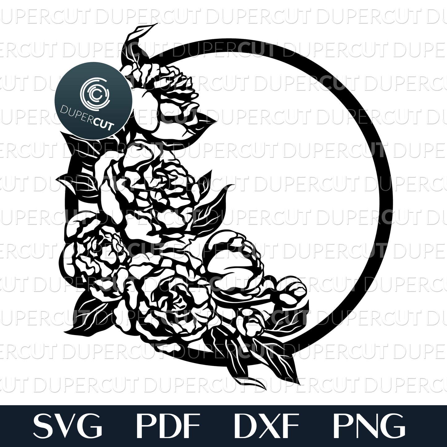 Peony round floral wreath, tattoo line art. SVG PNG DXF cutting files for Glowforge, Cricut, Silhouette cameo, laser engraving, scroll saw pattern, CNC machine