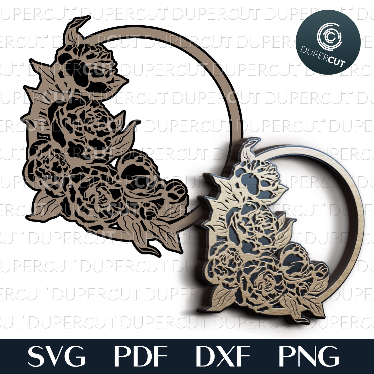 Peony circle floral wreath, layered template. SVG PNG DXF cutting files for Glowforge, Cricut, Silhouette cameo, laser engraving, scroll saw pattern, CNC machine