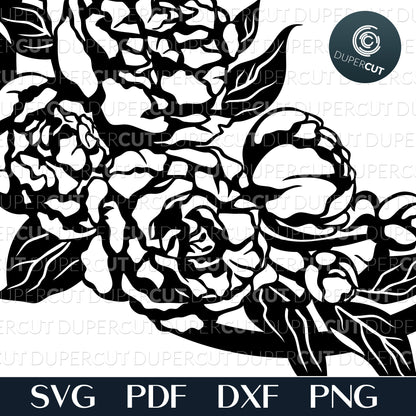 Peony round floral wreath, tattoo line art. SVG PNG DXF cutting files for Glowforge, Cricut, Silhouette cameo, laser engraving, scroll saw pattern, CNC machine