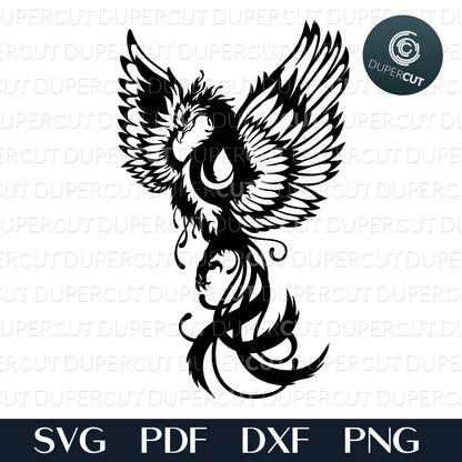 Phoenix bird, black silhouette illustration, cutting template  - SVG DXF JPEG files for CNC machines, laser cutting, Cricut, Silhouette Cameo, Glowforge engraving