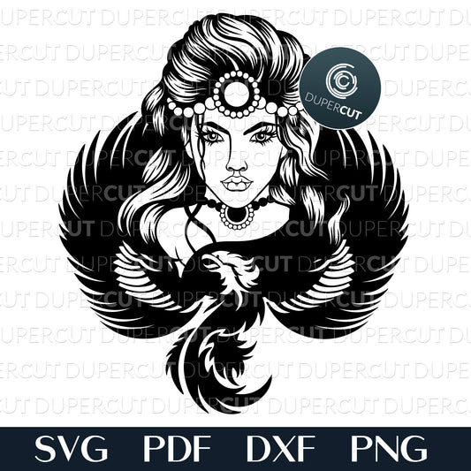 Woman with phoenix bird, tattoo style line art. Papercutting template for commercial use. SVG files for Silhouette Cameo, Cricut, Glowforge, DXF for CNC, laser cutting, print on demand