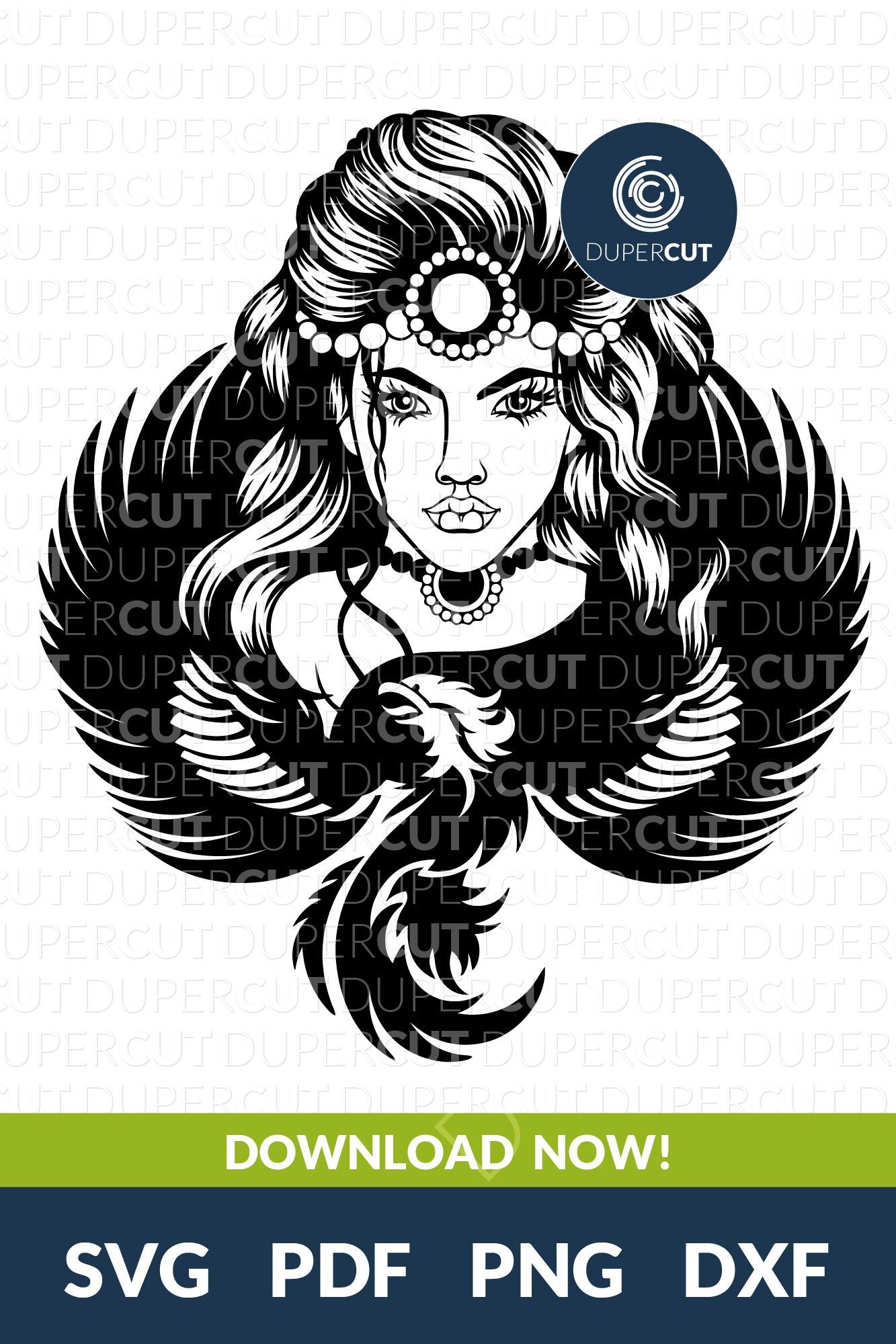 Phoenix Girl, detailed line art drawing, black. . Papercutting template for commercial use. SVG files for Silhouette Cameo, Cricut, Glowforge, DXF for CNC, laser cutting, print on demand